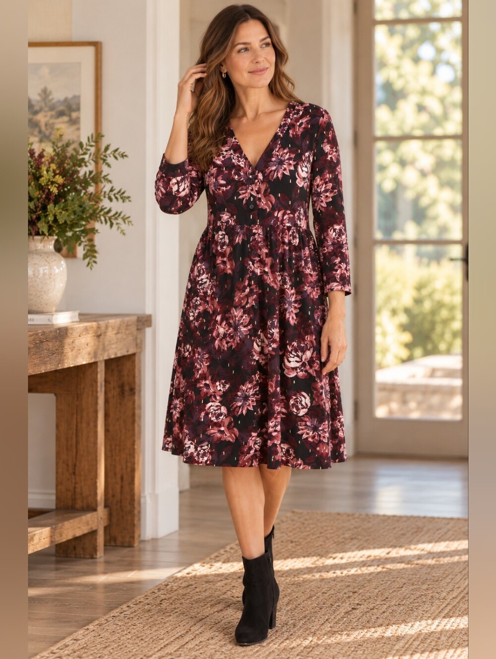 Garnet Hill Floral Dress Size 8 Black Burgundy Pink V Neck Long Sleeve Metallic